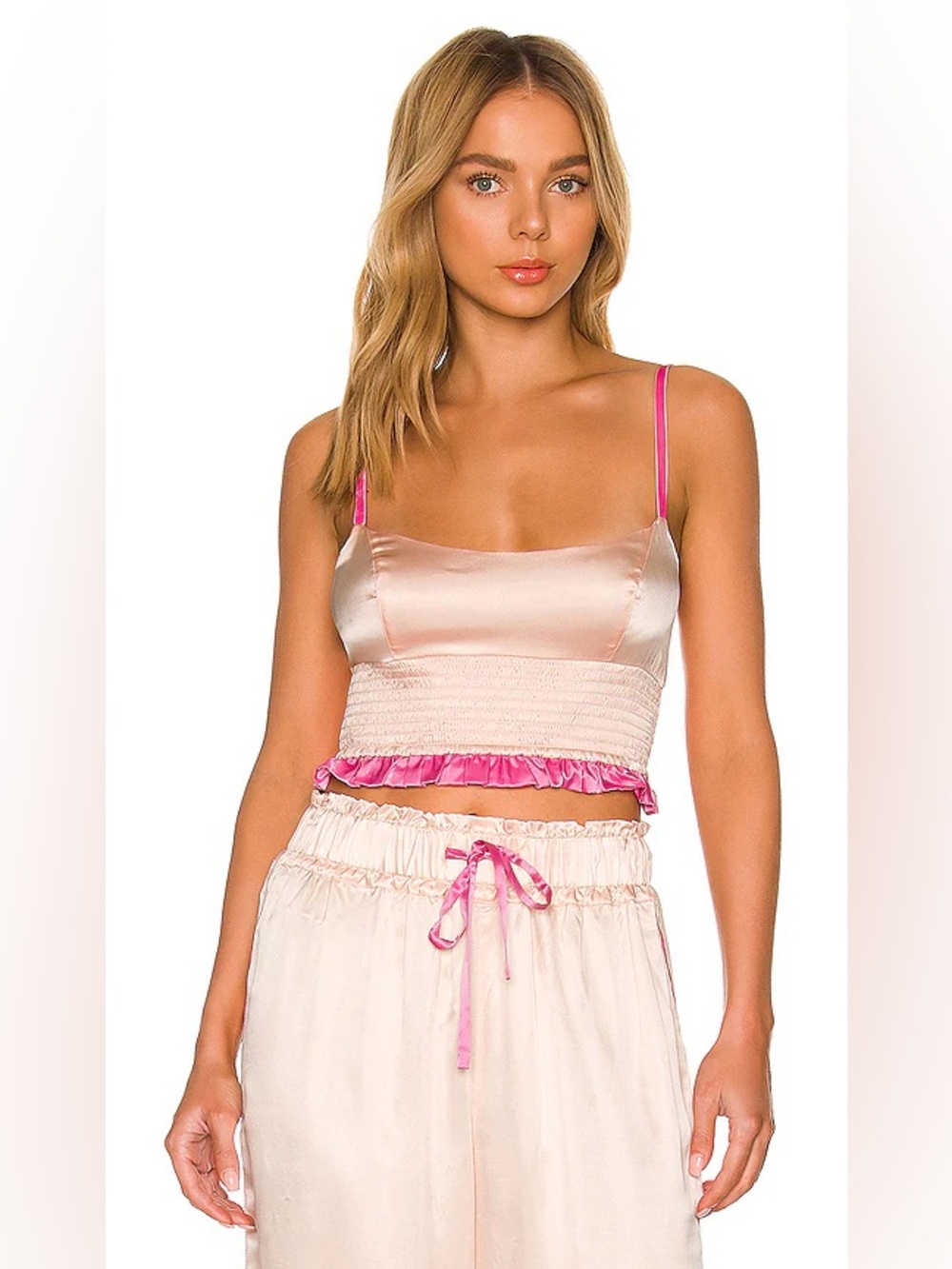 Morgan Lane Lia Bra & Simone Pant Bubble Pink Peachy Silk Set Womens Small READ